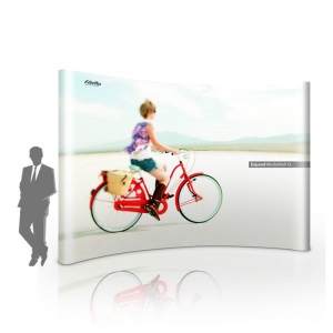 Folding display Expand media wall -Smaller exhibition wall, curved set up - motive cyclist in front of white background